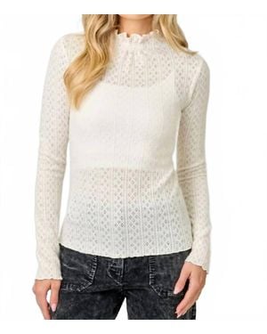 Mystree Lettuce Edge Mock Neck Eyelet Top - White