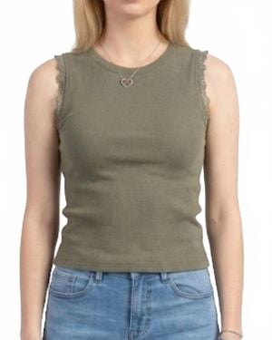 Miou Muse Crochet Ruffle Trim Ribbed Top - Green