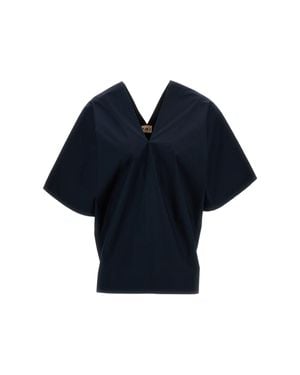 Plan C V-Neck Cotton Top With Wide Short Sleeves - Blue