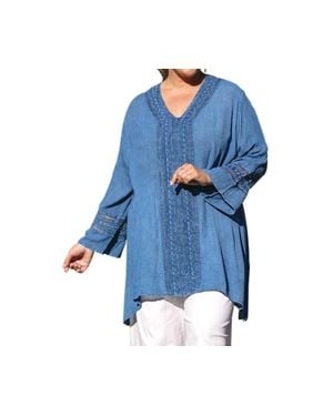 On The Plus Side Tatum Crochet Cotton Wide Sleeve V-Neck Tunic - Blue