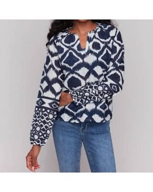 Charlie b Printed Raglan Long Sleeve Popover Blouse - Blue