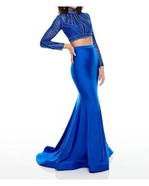 Rachel Allan Long Sleeve Lycra Jersey Two-Piece Beaded Prom Gown - Blue