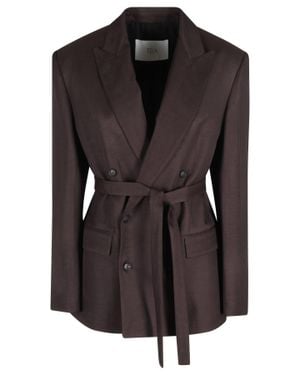 Tela Plum Frost Double-Breasted Belted Jacket - Black