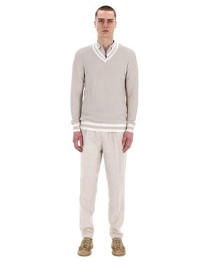Eleventy V-Neck Cotton Sweater With Contrast Trim - Gray