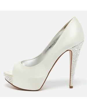 Gina Satin Jenna Crystal Embellished Heel Open Toe Platform Pumps - Natural