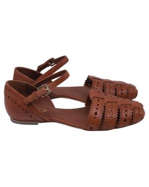 Tod's Laser-Cut Ankle Strap Ballet Flats - Brown
