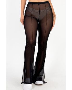 TRUEDAMES Poly Mesh Front Slit High Waist Flared Pants - Black