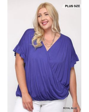 TRUEDAMES Solid Viscose Knit Surplice Top With Ruffle Sleeve - Purple