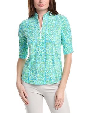 IBKUL Ruched Elbow Sleeve Mandarin Collar Top - Blue