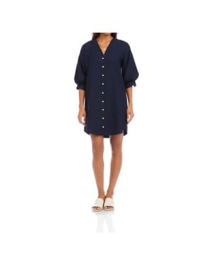 Karen Kane Lantern Sleeve Pearl Button-Front Mini Dress - Blue