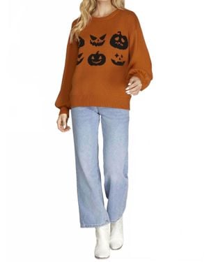 She + Sky Long Sleeve Halloween Pattern Sweater Top - Blue