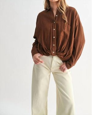 Fun 2 Fun Twist Hem Button Down Blouse - Brown