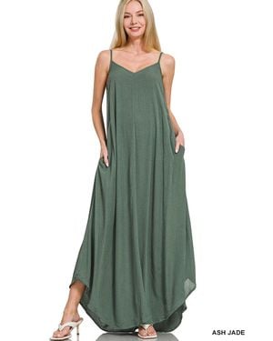 TRUEDAMES Woven Crinkle Cami Maxi Dress With Side Pockets - Green