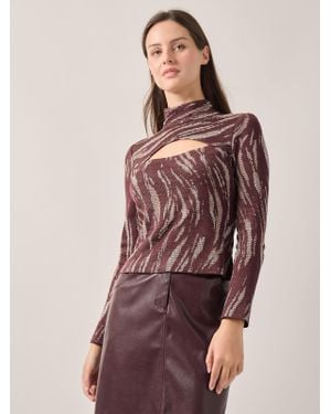 Misook Modern Fit Oval Front Cutout Jacquard Knit Top - Purple