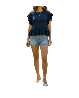 Umgee Chambray Scalloped Sleeve Smocked Top - Blue