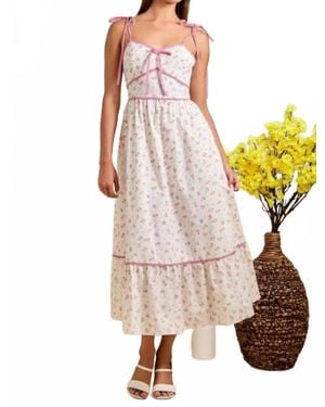 Main Strip Floral Tie Strap Midi Summer Sundress - Pink