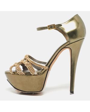 Gina Patent Leather Crystal Embellished Ankle Strap Platform Sandals - Brown