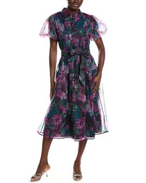 Gracia Puff Sleeve Band Collar Organza Midi Dress - Blue