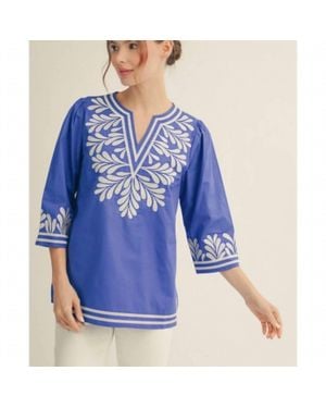 Jodifil Embroidered Side Slit Tunic Top - Blue
