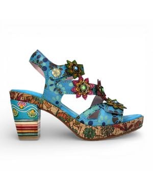 Laura Vita Nellao 33 Floral Leather Wedge Heel Espadrille Sandals - Blue