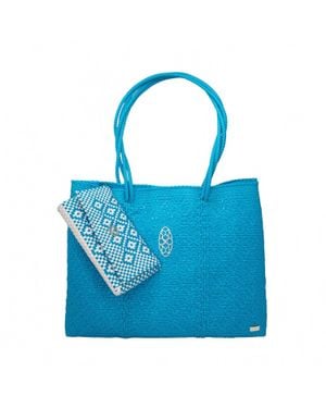 Lolas Bag Travel Woven Tote Bag With Clutch - Blue