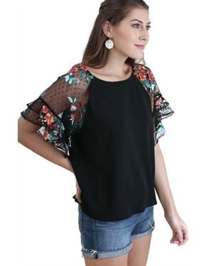 Umgee Floral Embroidered Layered And Ruffled Sleeve Top - Black