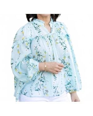 Olivaceous Sarai Floral Ruffle Neck Balloon Sleeve Top - Blue