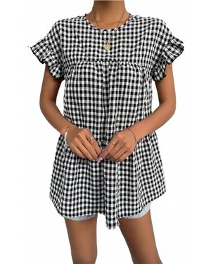 Doublju Plaid Ruffle Top - Black
