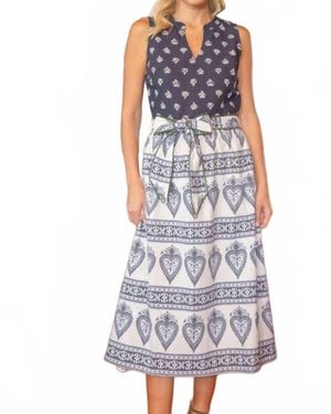 Voya Mixed Print Waist Tie Sleeveless Midi Dress - Purple