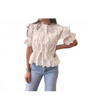 TCEC Eyelet Lace Detail Cinched Elastic Waist Top - White