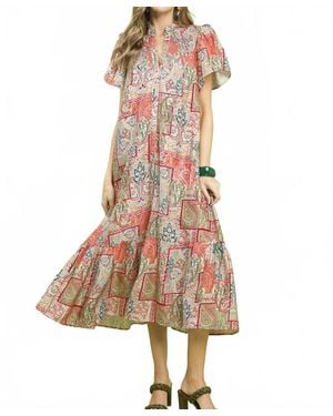 Umgee Boho Patchwork Print Flutter Sleeve Midi Dress - Pink