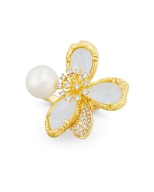 Savvy Cie Jewels Plated Over Brass Large Flower Crystal- Cz And Pearl Ring - Metallic
