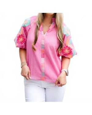 Thml Embroidered Puff Sleeve Textured Top - Pink