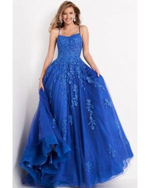 Jovani Long Embroidered Lace A-Line Gown - Blue