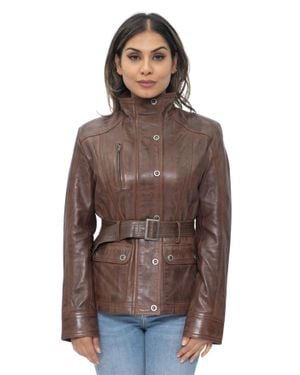 Infinity Leather Military Style Leather Biker Jacket-Phoenix - Brown