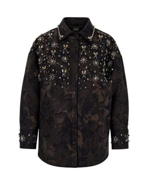 Pinko Long-Sleeved Oversized Jacquard Shirt With Pearl - Black