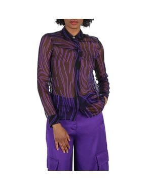 Versace Ladies Allover Long-Sleeve Sheer Silk Shirt - Purple