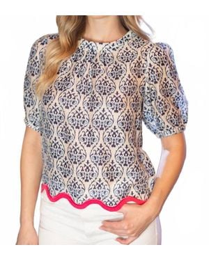 Voya Wavy Contrast Hemline Short Sleeve Printed Top - Red