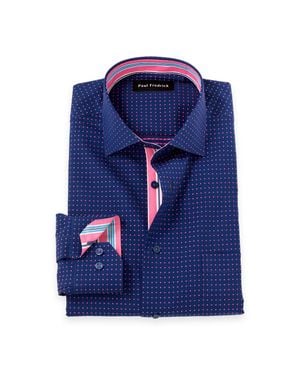 Paul Fredrick Slim Fit Non-Iron Cotton Dot Dress Shirt With Contrast Trim - Blue