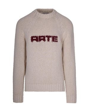 Arte' Cream Knitted Sweater With Pixel Embroidered Logo - Gray