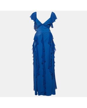 Elie Saab Lace Trim Georgette Ruffled Gown - Blue