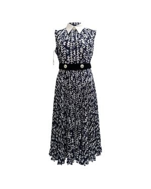 Prada Belted Geometric-Print Sleeveless Midi Dress - Black