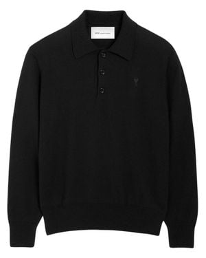 Ami Paris Wool Polo Sweater With Contrast Heart Logo - Black