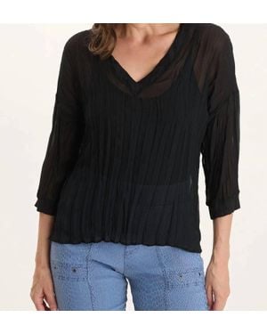 XCVI V-Neck Micro-Pleat 3/4-Sleeve Crinkle Top - Black