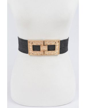 Fashnzfab Rhinestone Buckle Plus Size Stretch Straw Belt - Brown