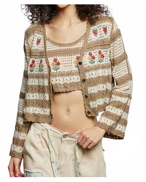 Pol Sofia Floral Embroidery Crochet Striped Sweater - Natural