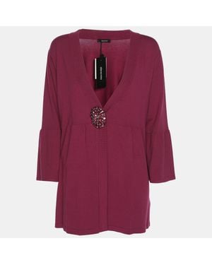 Elena Miro Hot Jersey Crystal Embellished V Neck Blouse - Red