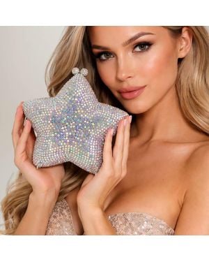 Fashnzfab Crystal Rhinestone Embellished Star Shaped Evening Clutch Shoulder Bag - Gray
