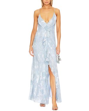 LoveShackFancy Silk Metallic Ruffle Maxi Dress - Blue