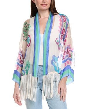 Johnny Was Sunset Silk Fringe Kimono - Blue